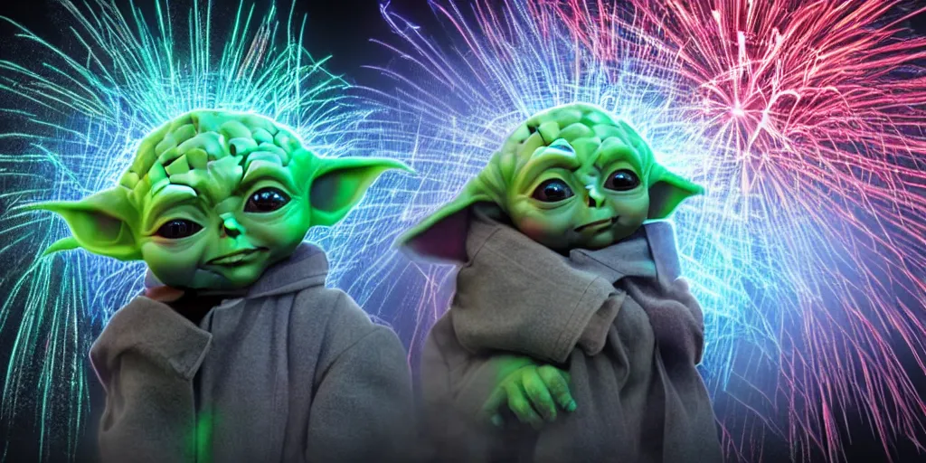 Prompt: muted rgb fireworks bursting in the sky form patterns to look like baby yoda but they're fireworks. 8 k, 4 k, hq, 3 d render, digital art, dramatic lighting, comedy, science fiction, hyper realistic, ultra detailed.