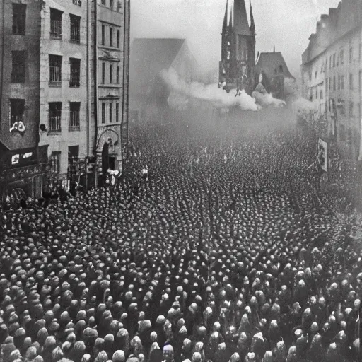 Prompt: Historical footage of a riot caused by Minions, Nuremberg 1930s, grainy, detailed