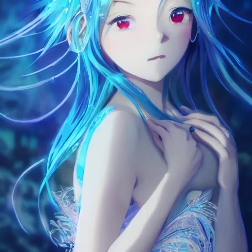 Light blue haired girl, normal height, water powers, cool water suit,  goddess, shy looking expression, nice girl, anime-like style