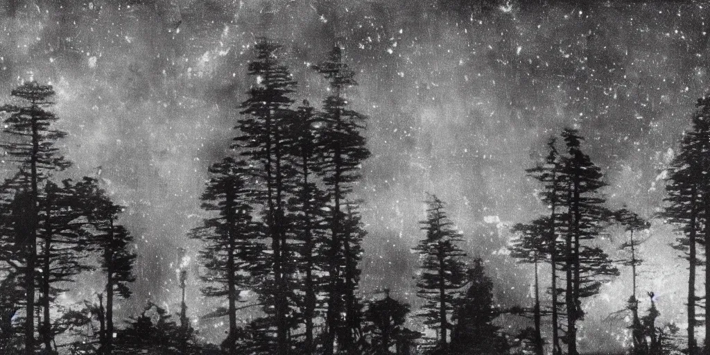 Image similar to 1920s photography historical photo of nightsky, but stars are circles, roots growing in the sky, in the dolomites, forest, dolomites, alpine, detailed intricate insanely detailed octane render, 8k artistic 1920s photography, photorealistic, black and white, chiaroscuro, hd, by David Cronenberg, Raphael, Caravaggio