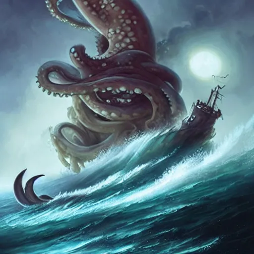 Image similar to A kraken-sea-monster attacking a 17th century Ship-of-the-line from the stormy ocean depths, atmospheric, dramatic, concept art by Peter Mohrbacher