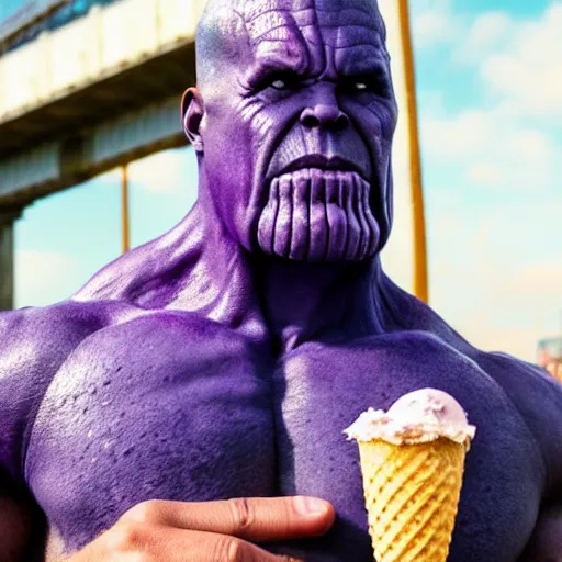 Prompt: Thanos enjoying an ice cream cone in Brooklyn