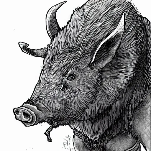 Image similar to portrait of serious wild boar, cartoon, mystical, rpg character, d & d, humblewood art style, concept art, fantasy