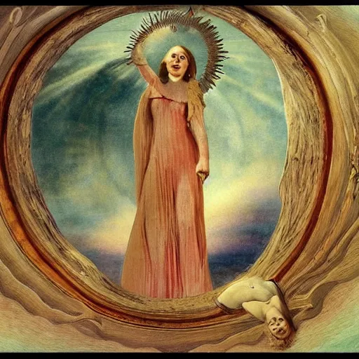 Image similar to angels in a spiral against the sky in the style of Richard Dadd painting