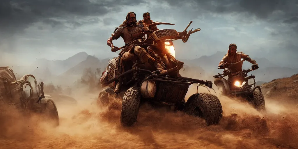 Image similar to indian on wooden native atv attacking bufallos, action scene, an epic fantasy, dramatic lighting, cinematic, establishing shot, extremely high detail, photorealistic, cinematic lighting, artstation, octane render, old photo, buffalo hunt movie, alpha movie, western