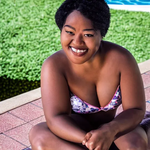 Image similar to a black and asian woman sitting by the pool, heavy detail, 3 5 mm photograph.