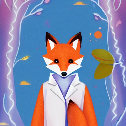 Image similar to child book digital illustration of a cute Anthropomorphic fox in a white lab coat, stunning, fluffy, high detail