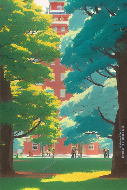 Prompt: a colorful traditional american high school building full of students with beautiful trees, morning, by studio ghibli painting, superior quality, masterpiece, traditional Japanese colors, by Grzegorz Rutkowski, concept art