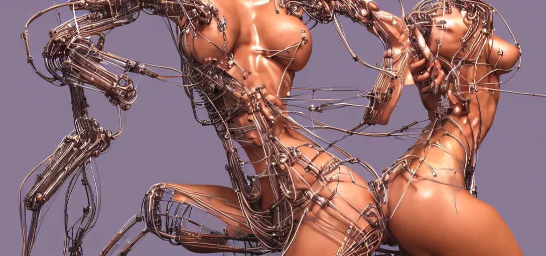 Image similar to beauty woman made of wires and tubes, very detailed, dramatic lighting, mechanical details, back facing, electrical details, high details, 4k, 8k, trending on artstation, by Hajime Sorayama and Boris Vallejo