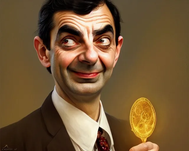 Image similar to a young mr bean looking very happy, photography of kurzgesagt, deep focus, d & d, fantasy, intricate, elegant, highly detailed, digital painting, artstation, concept art, matte, sharp focus, illustration, hearthstone, art by artgerm and greg rutkowski and alphonse mucha