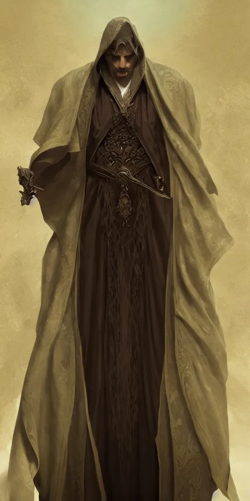 Prompt: sinister male mage, viscount, charismatic, linen robe, ancient, sand, emerald, magic, dark forces, intricate, highly detailed, digital painting, artstation, concept art, smooth, sharp focus, illustration, Unreal Engine 5, 8K, art by artgerm and greg rutkowski and alphonse mucha