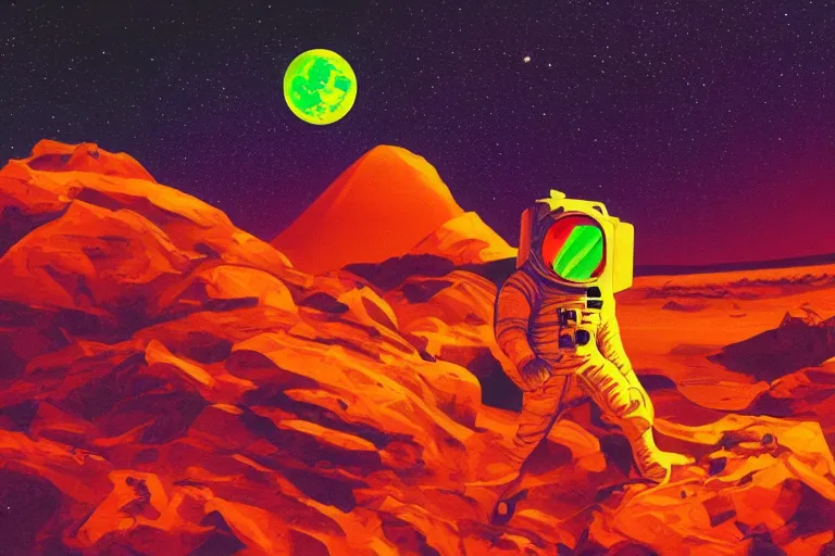 Image similar to an astronaut laying on mars in the style of flooko, acrylic art, detailed, moonlight, red lighting, bokeh, synthwave, psychedelic, glitch, neon,