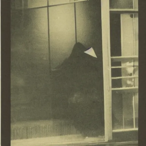 Prompt: vintage photograph of a ghost spotted inside a Japanese tea house, view from the street, nighttime