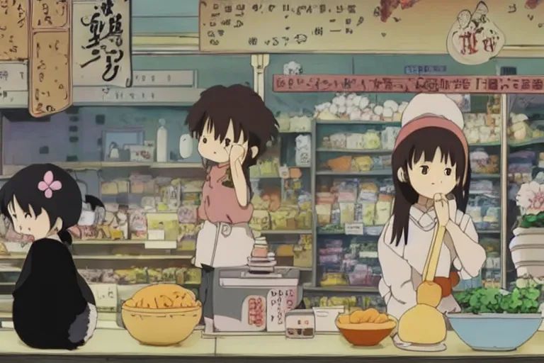 Image similar to studio ghibli anime film about a girl and her best friend panda working at a deli, miyazaki movie