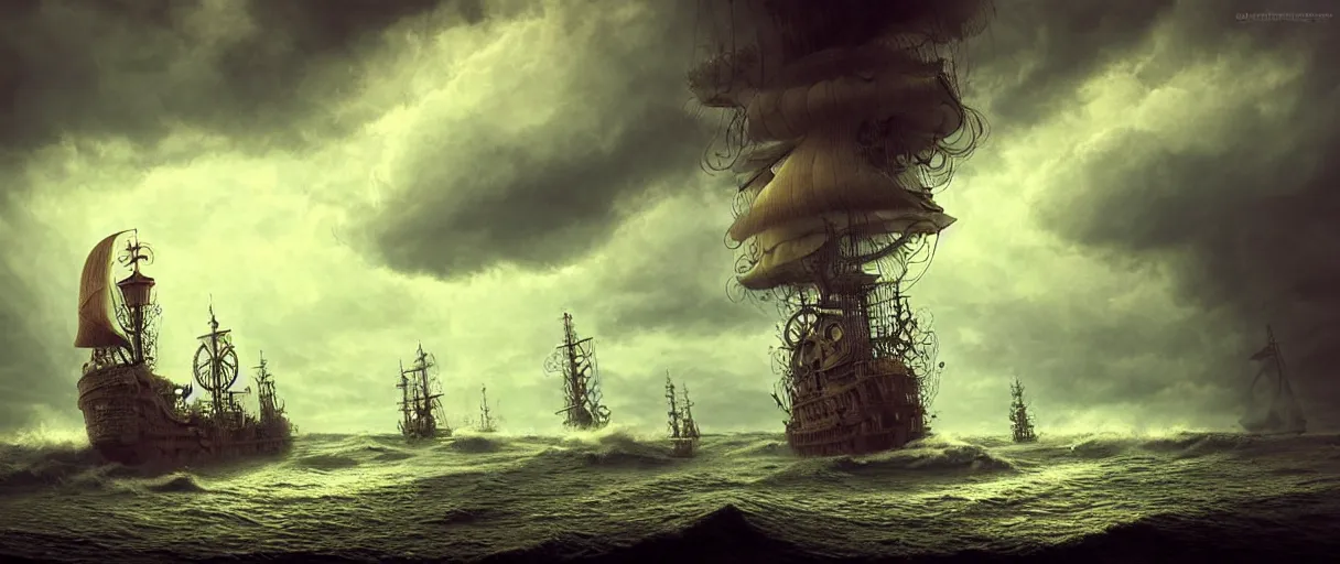 Prompt: steampunk cruising ship sailing at sunny day, giant waves, fluffy volumetric storms, nice huge insane godrays, god helping mystic soul by, gediminas pranckevicius