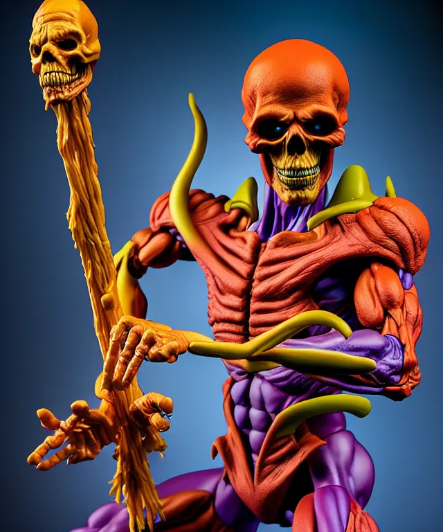 Image similar to hyperrealistic rendering, skeletor, by art of skinner and richard corben and jeff easley, product photography, action figure, sofubi, studio lighting, colored gels