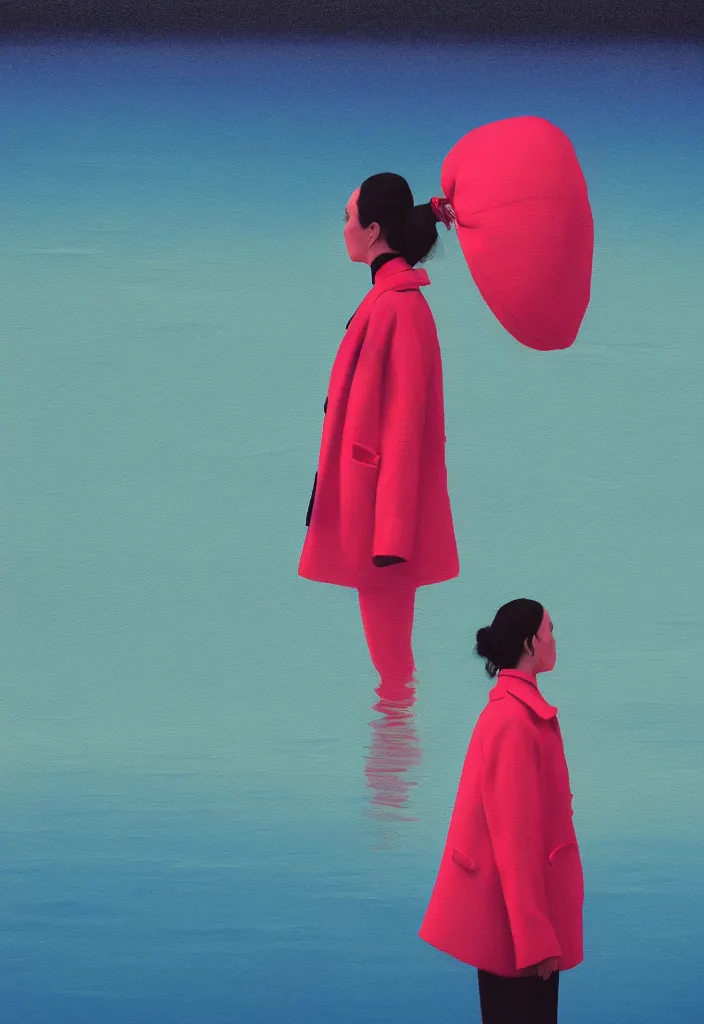 Image similar to wide shot rear view holding dslr camera photographer woman hair in a bun kanzashi long red pattern coat backpack sneakers looking out over a placid lake, a character design painting, in the style of wes anderson, lola dupre, david hockney, isolated on negative white space background dark monochrome neon fluorescent spraypaint accents volumetric octane render, no double