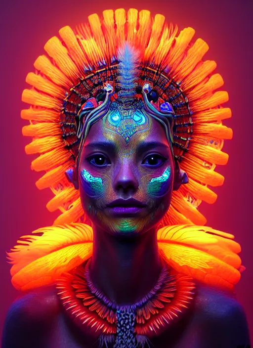 Image similar to a wlop 3 d portrait of a goddess, 8 k micro details beautiful intricate highly detailed quetzalcoatl skull and feathers. bioluminescent, fire, snow, thunderstorm! artwork by tooth wu and wlop and beeple and greg rutkowski, trending on artstation,