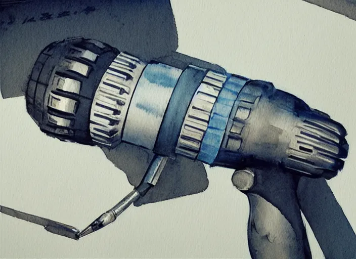 Image similar to concept art of a drill tool, pinterest, artstation trending, behance, watercolor, by coby whitmore, silver, laser light,