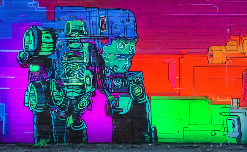 Image similar to mural of a cyberpunk robot, neon colors, painted on a giant wall