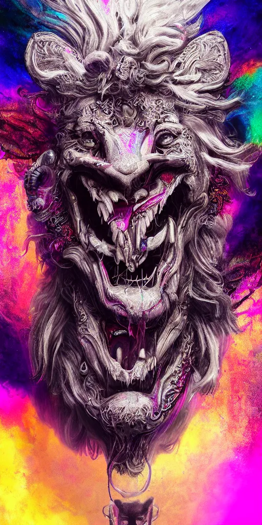 Image similar to impossibly beautiful portrait, dapper dream demon, lion creature, wings, bad trip, insane smile, intricate complexity, surreal horror, inverted neon rainbow drip paint, trending on art station, photoreal, 8 k, octane render by greg rutkowski