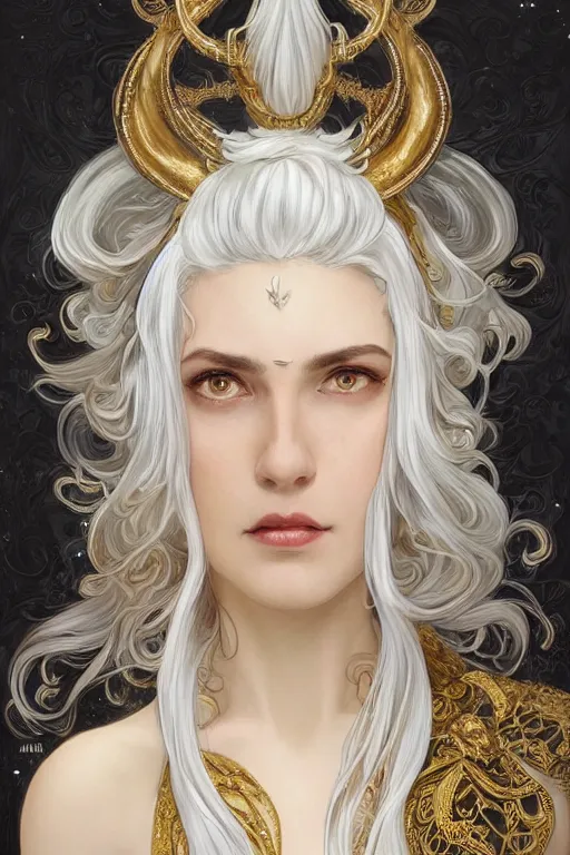 Image similar to fullbody!! of a beautiful woman with white hair, big natural horns on her head, long flowing intricate black lace dress, gold jewellery, dnd, face, fantasy, intricate, elegant, highly detailed, digital painting, artstation, concept art, smooth, sharp focus, illustration, art by artgerm and greg rutkowski and alphonse mucha