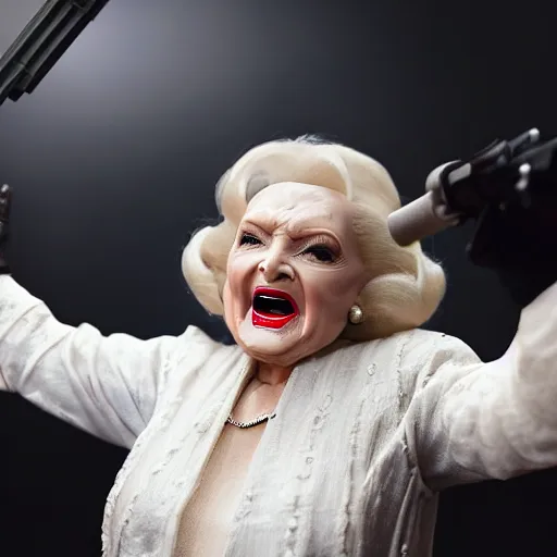 Image similar to betty white in'star wars'as a sith lord fighting storm troopers, full body, cinematic scene, cinematic lighting, 1 4 mm