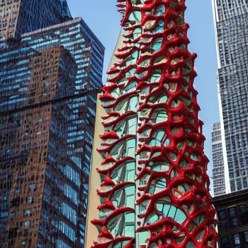 Image similar to a building of the shape of an amanita muscaria in the New York skyline