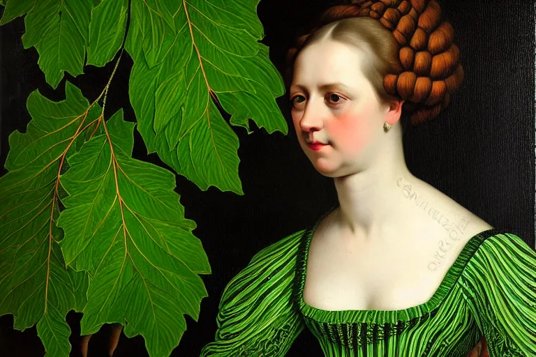Prompt: franz szony style : a wonderful realistic closed portrait of woman with a majestic intricate and bizarre intertwined ramifications of leaves hairstyle and a semi transparent green cotton dress - h 7 6 8