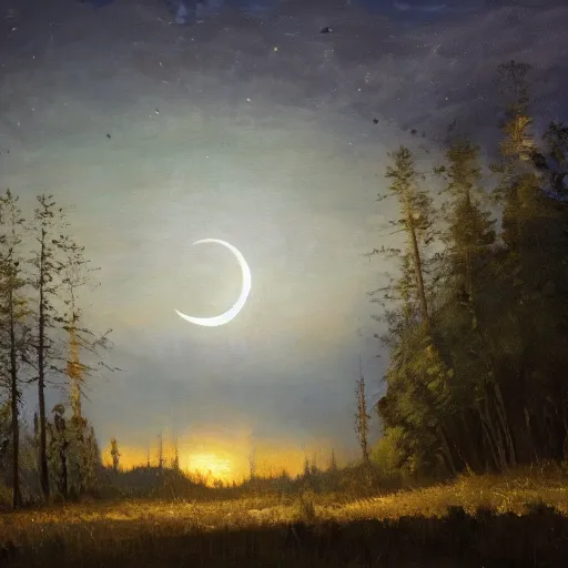 Prompt: close-up, cinematic, the giant crescent Moon in the sky, above the night forest, soft lighting, oil on canvas, by Perov, by Levitan, masterpiece, trending on artstation, cinematic composition, beautiful lighting, sharp, details, hyper-detailed, HD