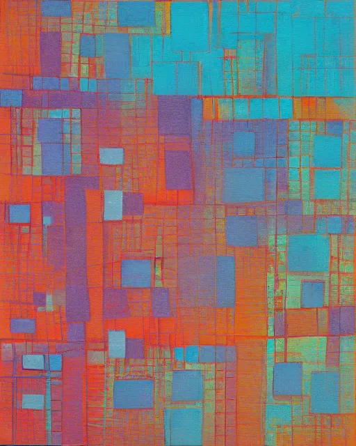 Image similar to a painting of satellite view of a square city with geometric shapes by ramon chirinos, abstract geometric, glitches, ocher and turquoise colors