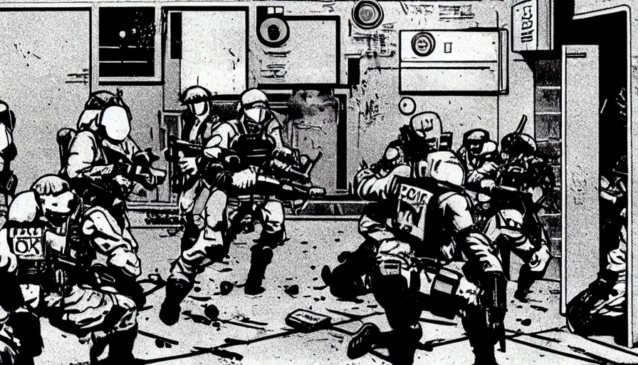 Prompt: 1988 Video Game Screenshot, Anime Neo-tokyo Cyborg bank robbers vs police, Set inside of the Bank, Open Vault, Multiplayer set-piece, Tactical Squads :9, Police officers under heavy fire, Police Calling for back up, Bullet Holes and Realistic Blood Splatter, :6 Gas Grenades, Riot Shields, Large Caliber Sniper Fire, Chaos, Metal Gear Solid Anime Cyberpunk, Akira Anime Cyberpunk, Anime Bullet VFX, Anime Machine Gun Fire, Violent Action, Sakuga Gunplay, Shootout, :7 Inspired by Escape From Tarkov :6, Intruder + Akira :12 by Katsuhiro Otomo: 19, 🕹️ 😎 🔫 🤖 🚬