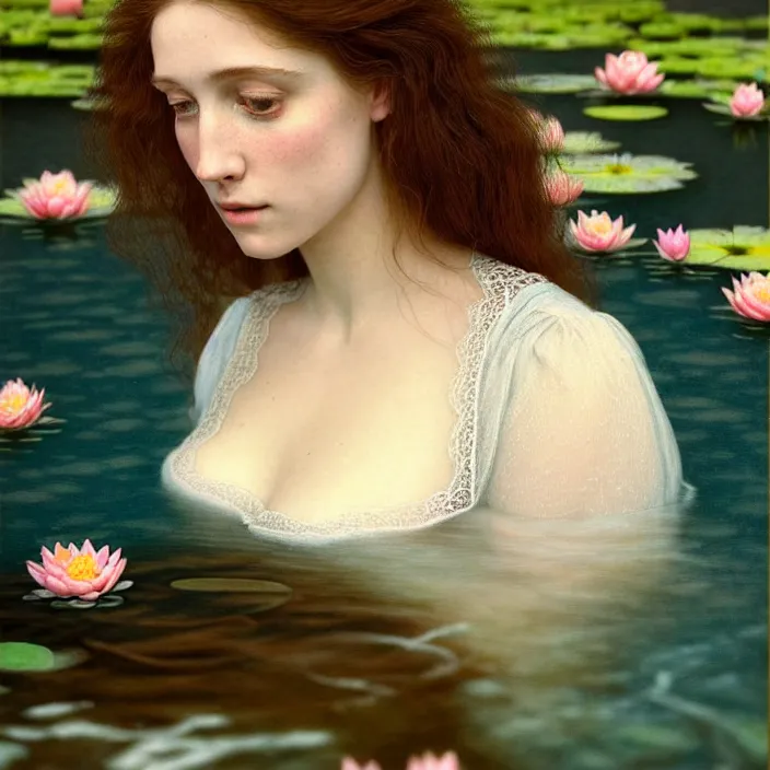 Image similar to Kodak Portra 400, 8K, soft light, volumetric lighting, highly detailed, britt marling style 3/4 ,portrait photo of a beautiful woman how pre-Raphaelites painter, the face emerges from the water of a pond with water lilies, julie dillon, a beautiful lace dress and hair are intricate with highly detailed realistic beautiful flowers , Realistic, Refined, Highly Detailed, natural outdoor soft pastel lighting colors scheme, outdoor fine art photography, Hyper realistic, photo realistic