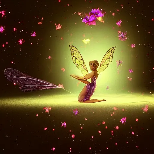 Prompt: fairy flies through a dark room, by alex flores, digital art, 8 k