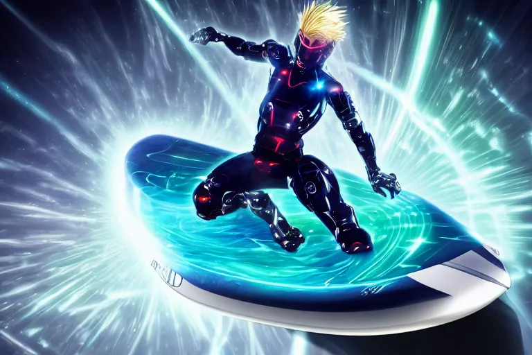 Prompt: Anime cyborg riding a digital surfboard powerd by lasers, XF IQ4, 150MP, 50mm, f/1.4, ISO 200, 1/160s, natural light, Adobe Photoshop, Adobe Lightroom, DxO Photolab, Corel PaintShop Pro, rule of thirds, symmetrical balance, depth layering, polarizing filter, Sense of Depth, AI enhanced