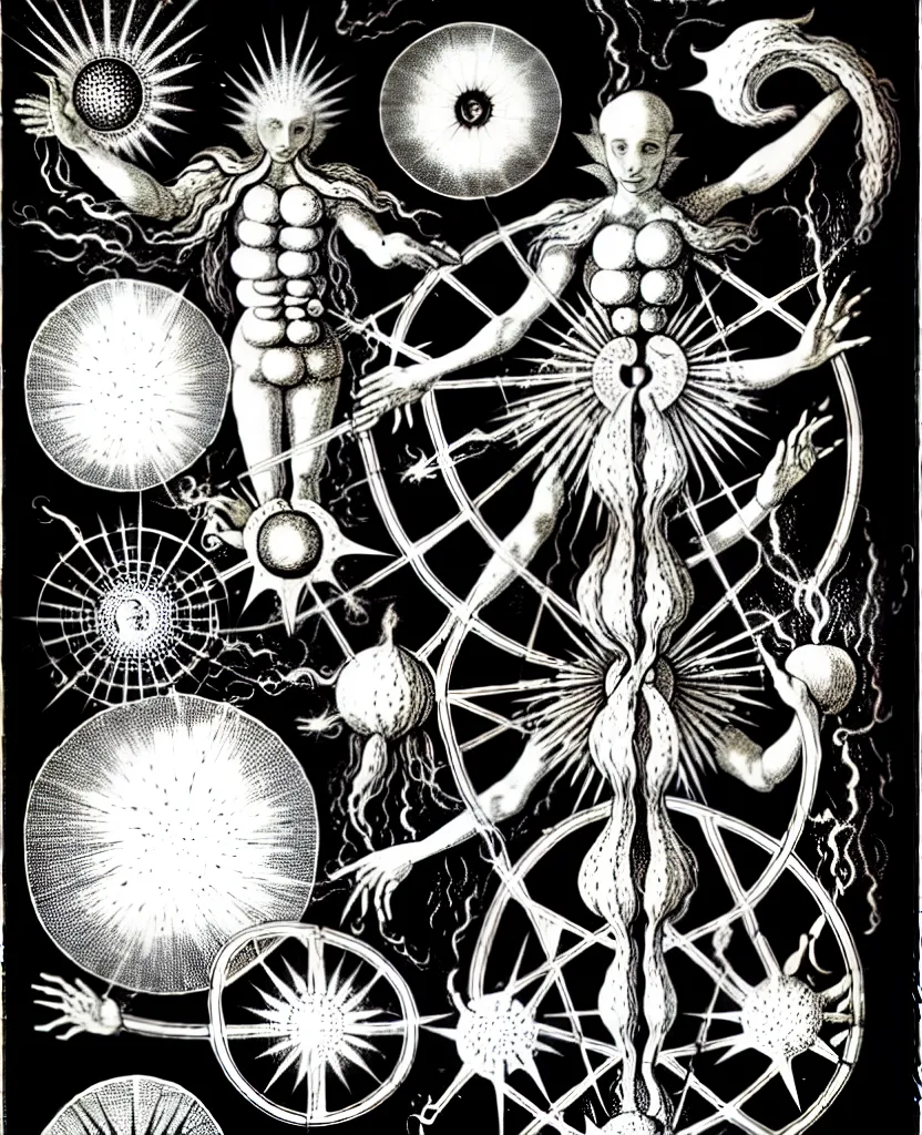 Image similar to alchemical fiery creature sings a unique canto about'as above so below'being ignited by the spirit of haeckel and robert fludd, breakthrough is iminent, glory be to the magic within