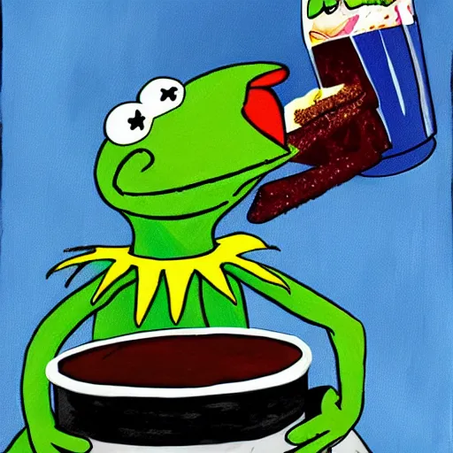 Image similar to kermit the frog chasing a soda can in the style of muppets by jim hansen