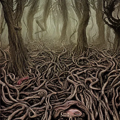 Image similar to forest of human bodies and viscera by godmachine keith thompson horror art psychedelic trippy messy viscera visceral bodies death horror creepy faces organic forests
