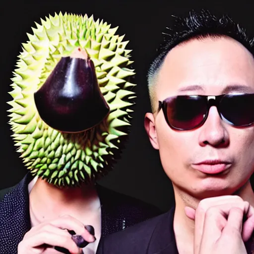 Image similar to two durian as a synth pop music band