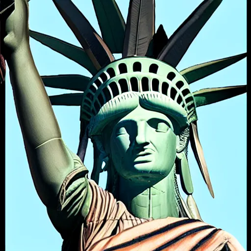 Image similar to the statue of liberty as a native indian with headdress, coper cladding