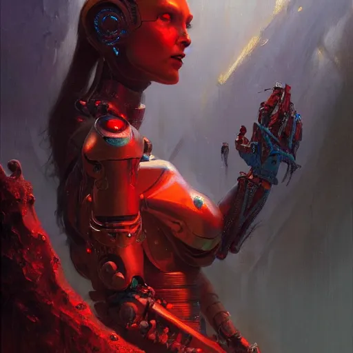 Image similar to attractive demon queen with red eyes as an i robot, painting by gaston bussiere, craig mullins, luis rollo, digital painting, highly detailed, artstation, sharp focus, illustration, concept art, hd