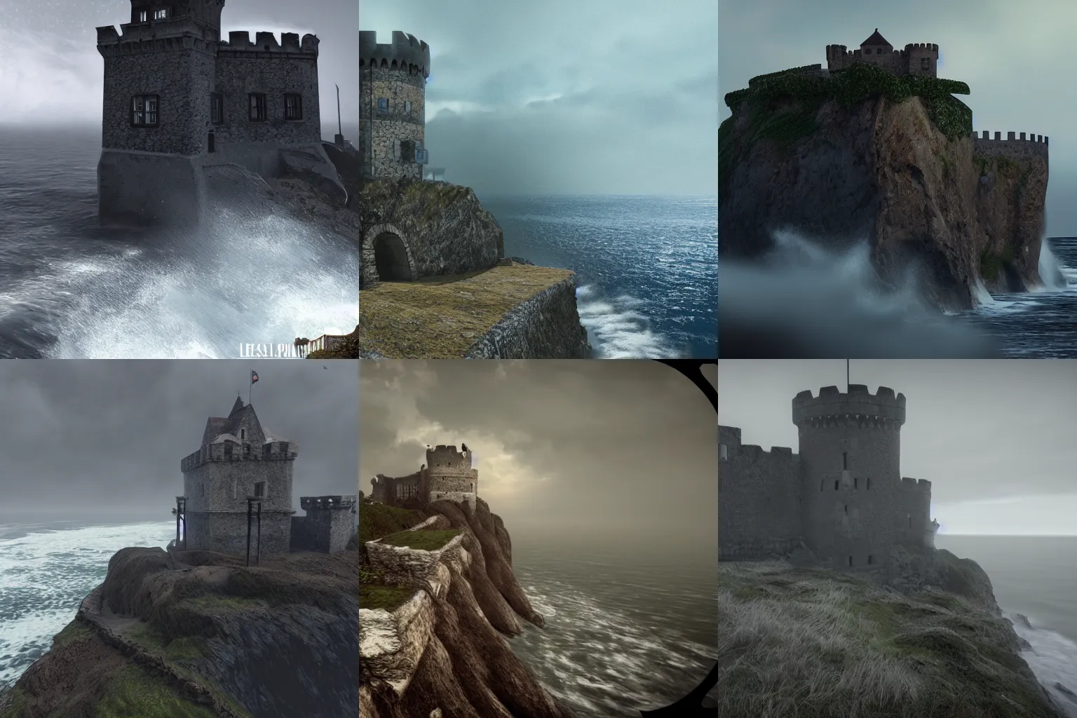 Prompt: an old castle on the top of a cliff by the sea, some mist and huge waves hitting the cliff's base. dramatic lighning, eerie, atmospheric, unreal engine realistic awesome