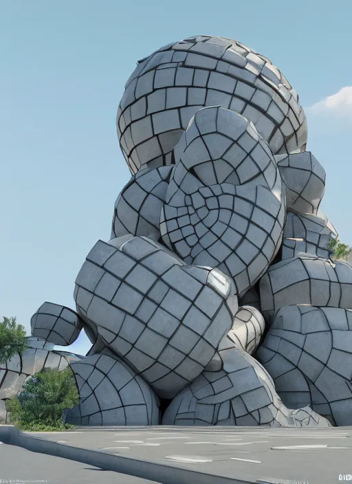 Image similar to highly detailed realistic architecture 3 d render of a futurisctic stele monument made from spheres in frank gehry style standing near a highway, archdaily, made in unreal engine 4 octane render