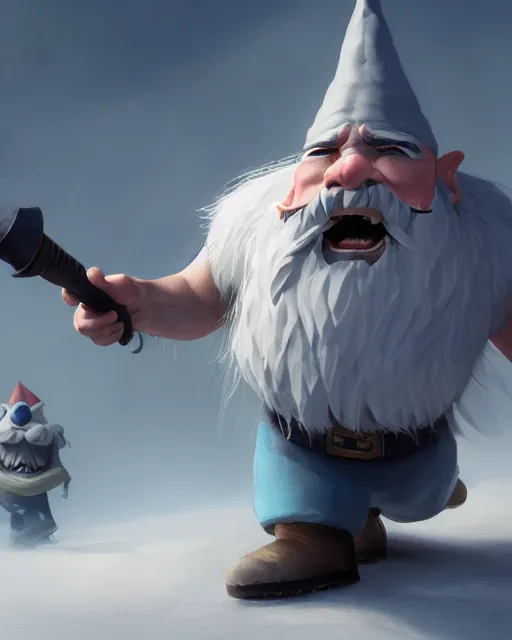 Prompt: bald gnome big white beard, dagger, bomb, running, field, angry, hyper realism, cinematic, volumetric lighting, high detail, octane render, depth of field, dnd, extremely detailed, very sharp, in the style of greg rutkowski