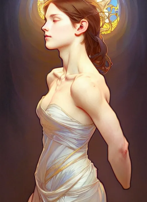 Image similar to digital character concept art by artgerm and greg rutkowski and alphonse mucha. clear portrait of a shy modern wife blessed by god to grow immaculately fertile and perfect!! blonde, in clothes! holy body! light effect. hyper detailed, glowing lights!! intricate, elegant, digital painting, artstation, smooth, sharp focus