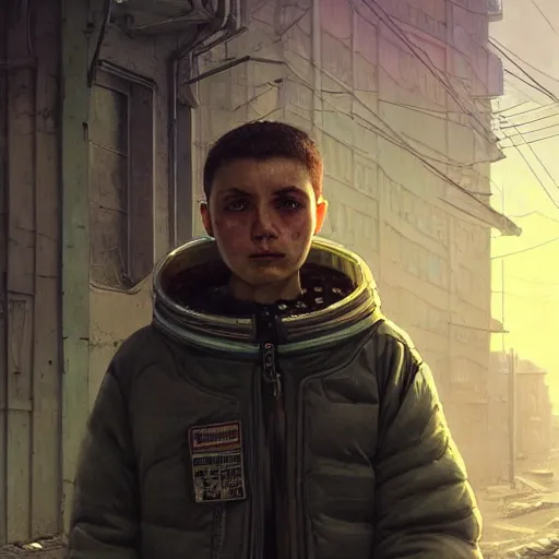 Image similar to A portrait of a cyberpunk gopnik on the street of a Russian slum on the moon, Norilsk, sci-fi, fantasy, intricate, very very beautiful, elegant, highly detailed, digital painting, artstation, concept art, smooth, sharp focus, illustration, art by artgerm and greg rutkowski and alphonse mucha