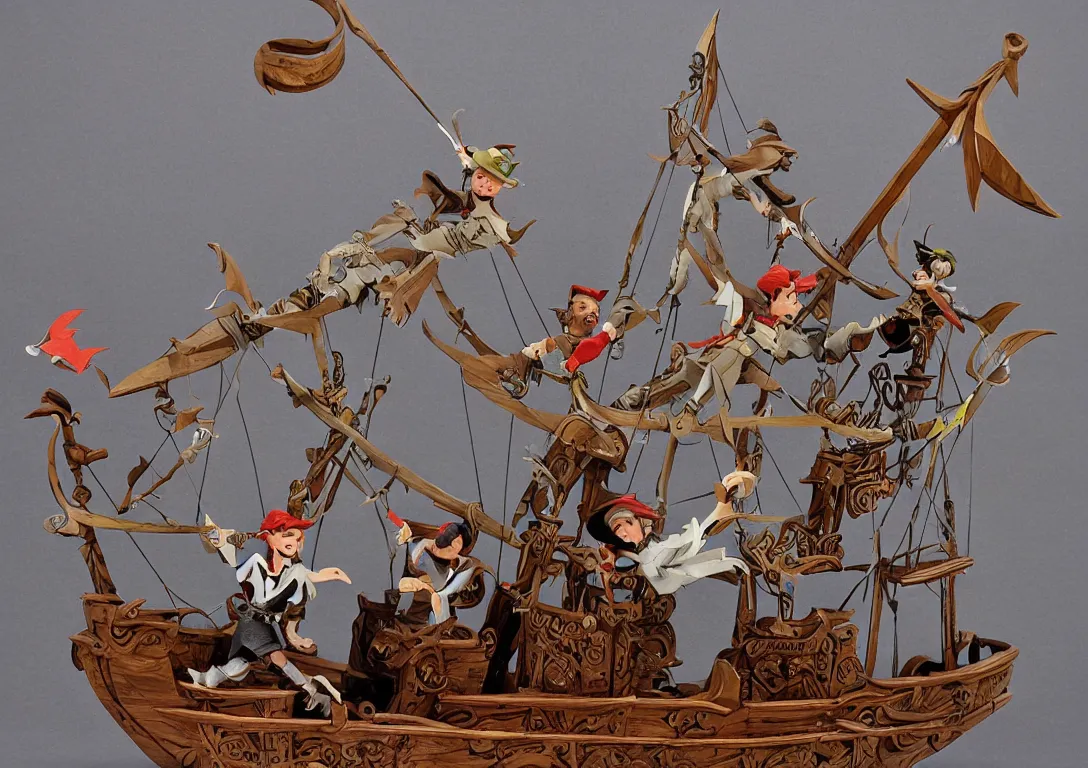 Image similar to a stylized cut paper sculpture of peter pan and captain hook swordfighting on a pirate ship