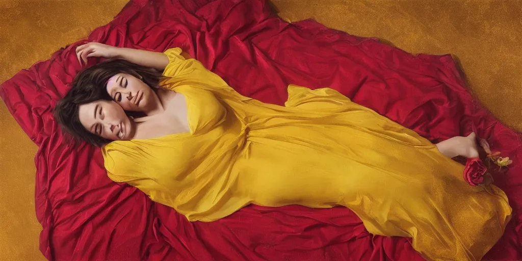Image similar to beautiful oil matte portrait painting, top down view of a young woman lying on a red bed sheet wearing a mustard yellow dress covered in rose petals, wonderful masterpiece highly detailed, beautiful cinematic light deep focus, elegant, digital painting, smooth, sharp focus, golden ratio, dramatic illumination, ultra realistic, 8 k, art by jimmy law