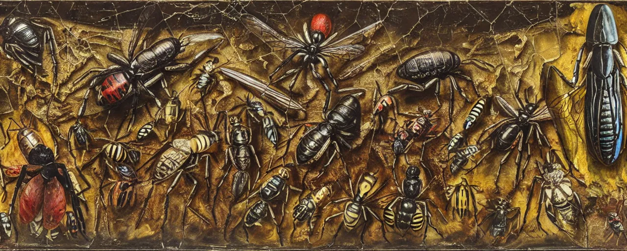 Image similar to strange giant insects, beetles, spiders, wasps, bees, maggots, locusts and flies, in a museum display case, oil painting by max ernst and anselm kiefer, decay, mixed media, textured, sharp focus, highly detailed, photographic emulsion cracked and peeling, rust, cinematic lighting, 8 k, hd