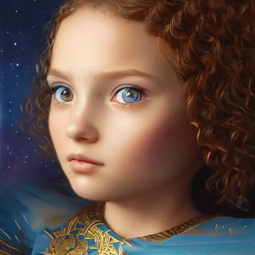 Image similar to a little girl with short wavy curly light brown hair and blue eyes, a space empress in byzantine style. beautiful highly detailed face, painting by artgerm and greg rutkowski and raymond swanland.